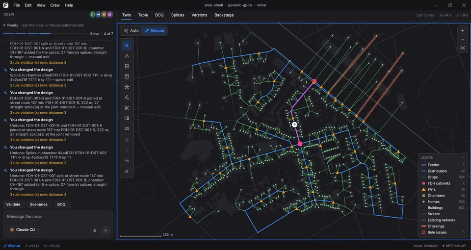 openFTTH in Manual mode with drawing tools on the map